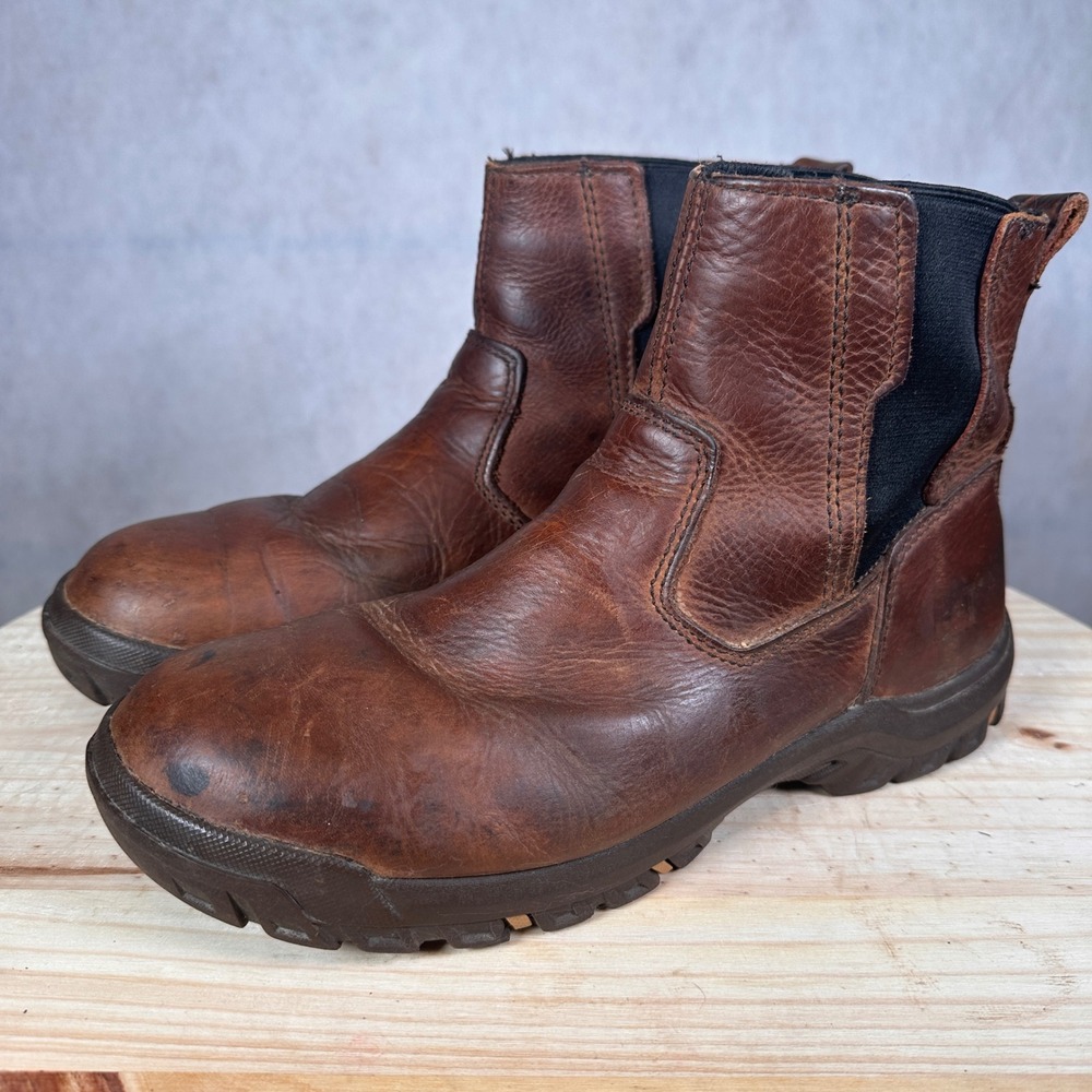 CAT Caterpillar Steel Toe Work Boots Mens 8 Wide Brown Good Leather Chelsea